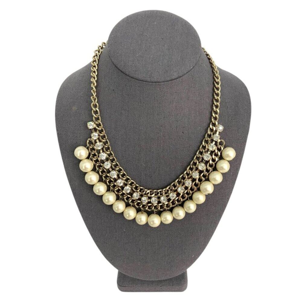 Vintage Faux Pearl & Rhinestone Bib Collar Necklace